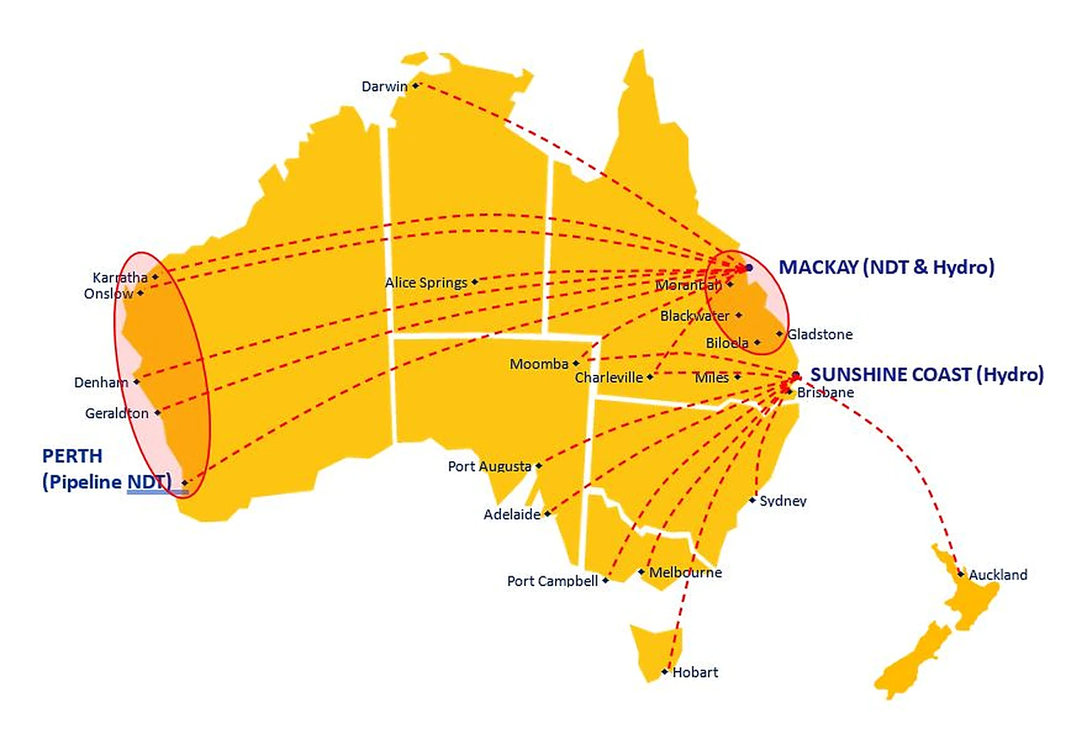 AXS coverage map — Mackay, Sunshine Coast and Perth servicing Australia, PNG and New Zealand